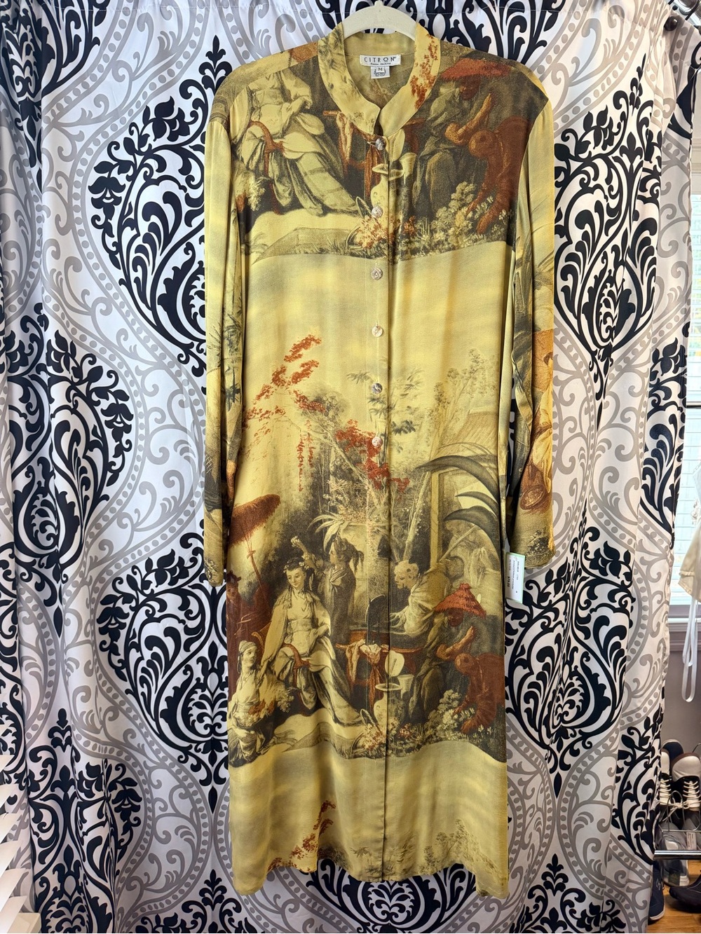 Citron Yellow Scenic Print Button-Front Long Shirt